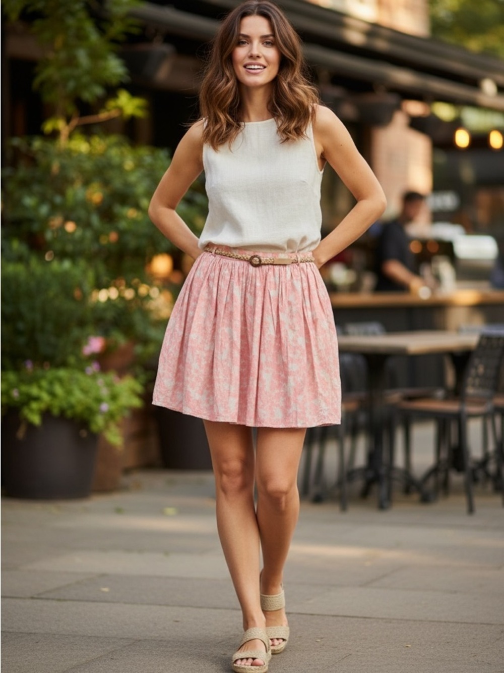 NWOT OLD NAVY Coral & Tan Cotton Braided Belted Flowy Mini Skirt 4